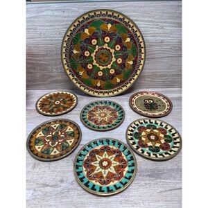 Byzantine Mosaic Design Enamel On Brass Plates  Handmade Greece Set Of 7 VTG